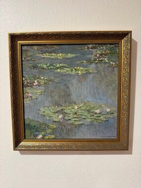 Framed Water Lily by Claude line Wall Art - Gold ornate frame 15x15